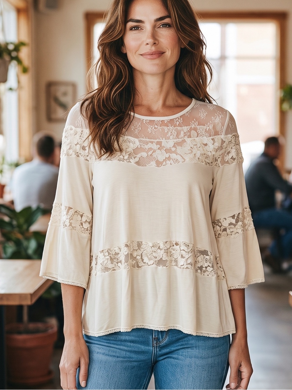 POL Lace Floral Bell Sleeve Peasant Boho Feminine Style Top Beige Size Small